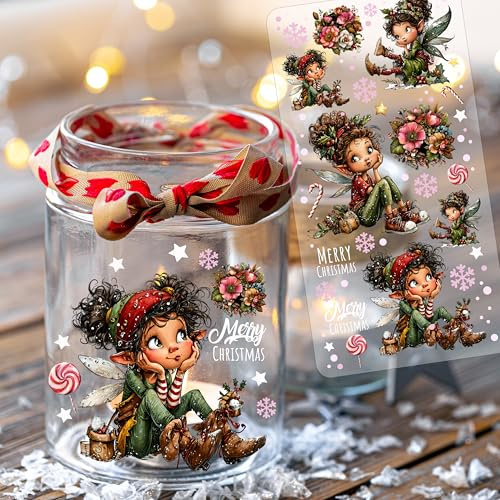 ilka parey Weihnachtssticker Rub on Sticker Weihnachtsmotive Elfe Fee Weihnachten Wichtel Elfen Blumen - Rubons - Rub on DIY für Windlicht Teelicht- Din lang Bogen rb56