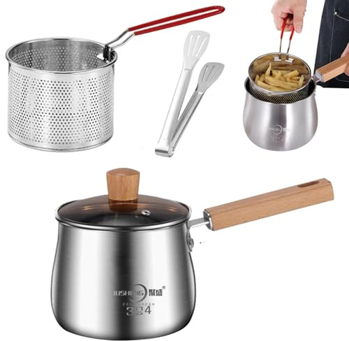 Olla freidora Mini olla freidora de acero inoxidable de 2, 5 L con cesta, tapa, pinzas y mango antiescaldado japonés para el hogar, patatas fritas tempura, patatas fritas, pescado y pollo.