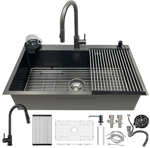 Fregadero negro de 85x50 cm de acero inoxidable, 1 seno con grifo de cocina extraíble, gran fregadero de acero inoxidable para cocina y bar, con escurridor para vajilla, dispensador de jabón, enjuague