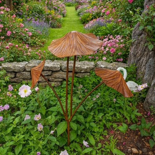 mysmartbuy.com Rust-Look Garden Mushroom Stakes Set of 2 - Decorative Iron Outdoor Ornaments - Rustic Metal Plant Pot & Border Décor - Country Style Garden Feature - 60cm Tall