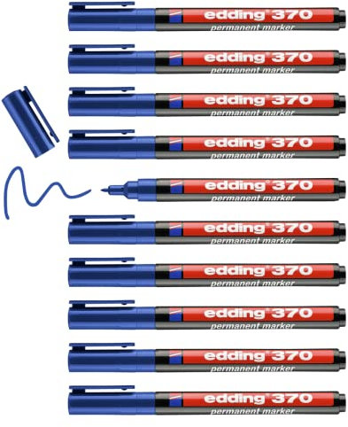 edding 370 Permanentmarker - blau - 10 Stifte - feine Rundspitze 1 mm - wasserfest, schnell-trocknend - Multimarker, Universalstift - für Karton, Kunststoff, Holz, Metall, Glas, Stein, Leinwand