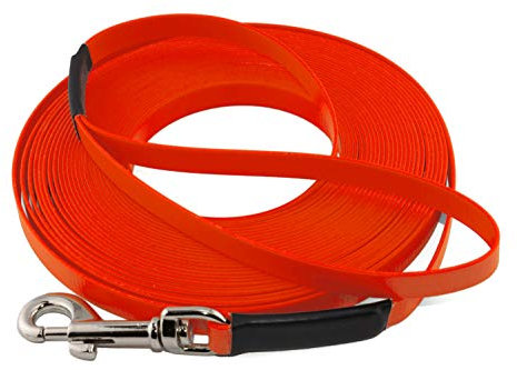 LENNIE Leichte BioThane Schleppleine, 13mm, Hunde 15-25kg, 20m lang, mit Handschlaufe, Neon-Orange, genäht