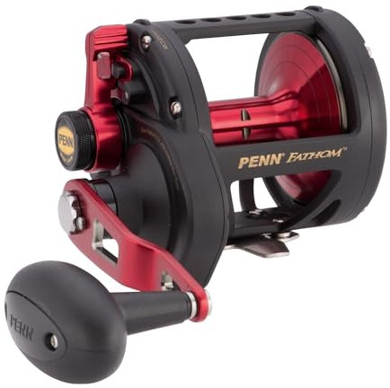 Penn Fathom 60LD Angelrolle mit Hebelzug, Köderguss, Hochgeschwindigkeits-Angelrolle, Schwarz/Rot