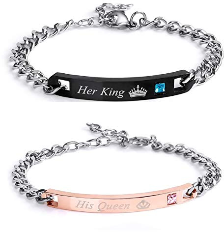 Paar Damen Herren Pärchen Armbänder, Gravur His Queen und Her King ein Paar Partner Ambänder aus Edelstahl Lieben Partner Armbänder Rosegold schwarz