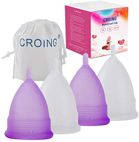 CROING Reusable Menstrual Cups Set of 4, Period Cup, 2 pcs Small and 2 pcs Large (Purple and White)