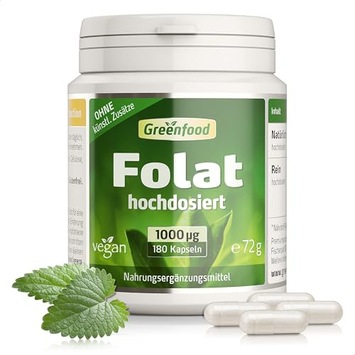 Folat, hochdosiert, 1000µg - 180 Kapseln, vegan. Für gesunde Schwangerschaft, Zellteilung, Blutbildung und Kinderwunsch. OHNE künstliche Zusätze - laborgeprüft. Von Greenfood.
