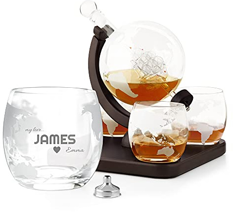 Maverton Globe Whiskey Decanter Set with 4 Glasses, My Lover | 850 Ml Carafe with Ship Inside, You can Personalise Tumblers as Gift for Men