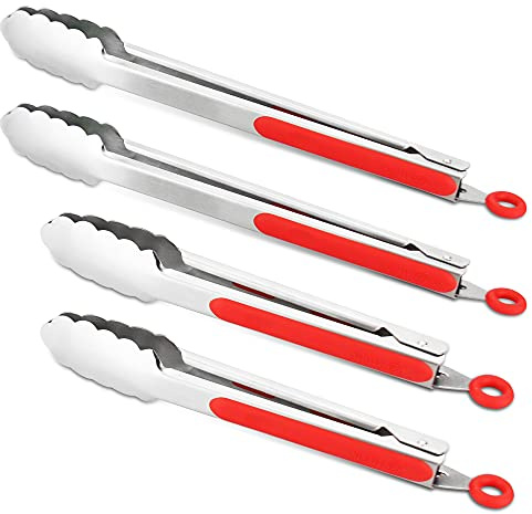 304 Stainless Steel Kitchen Cooking Tongs, 9 and 12 Set of 4 Sturdy Grilling Barbeque Brushed Locking Food Tongs with Ergonomic Grip, Red