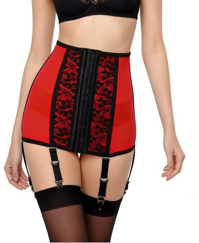 Estanla Damen-Korsett mit hoher Taille, Metallschnalle, abnehmbare Spitze, Dessous, 6 Riemen, Strumpfgürtel, Rot/Ausflug, einfarbig (Getaway Solids), XXX-Large