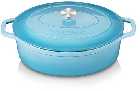 vancasso Enameled Cast Iron Dutch Oven, 9.3 Quart Dutch Oven Pot with Lid, Oval Dutch Oven Cast Iron Pot with Non Stick Coating for Bread Baking, Light Blue