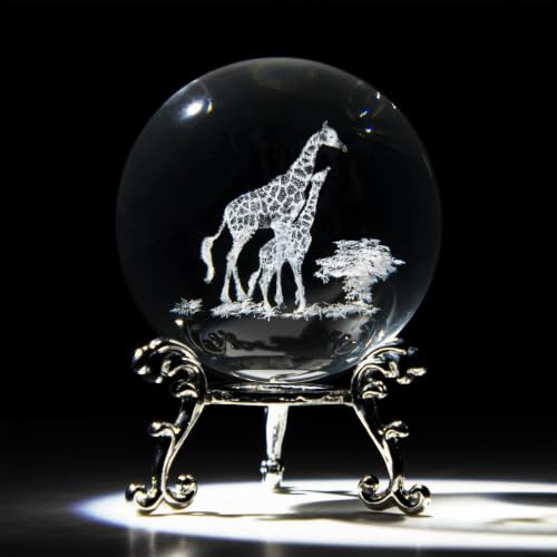 60mm 3D Giraffen Kristallkugel Briefbeschwerer Mama Baby Giraffen | lasergravierter Glas Tierfigur dekorative Glaskugel Vollkugel Ständer Giraffen Geschenke Frauen Mutter Giraffe Crystal Ball