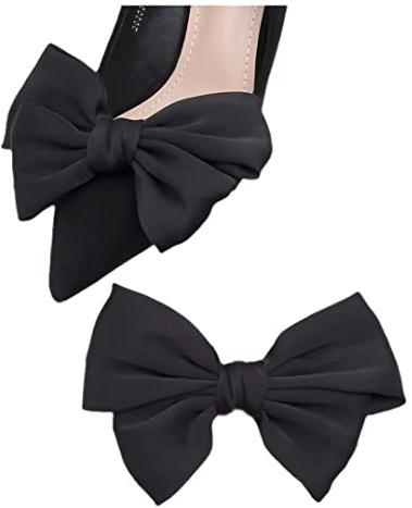 Tsangbaby Satin Bow Shoe Clips Dots Solid Color Shoe Clips Removable Shoes Clip Elegant Wedding Party Shoes Buckle Bag Clothing Hair Accessories for Women Girls 2 Pcs (Black Bow)