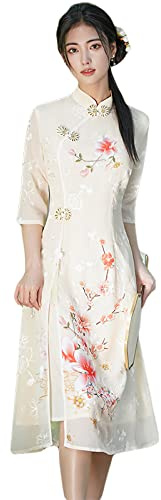 YAROVA Chinesischer Kleid Für Damen - Sommer Cheongsam Chinesischer Stil Retro Plus Size Lose Elegant Besticktes Kleid Junge Moderne Verbesserte Kleider Kurzarm Qipao,Weiß,L