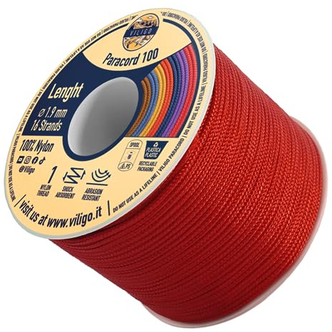 VILIGO Paracord 100 – Typ I (1,9 mm) – Nylongeflecht, 1 Innengewinde – ideal für DIY-Projekte, Herstellung von Armbändern und Zubehör (50 m, Ruby)