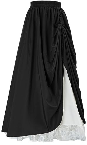 CAMDOM Falda renacentista Medieval con Cintura elástica y línea A, Vestido Victoriano Largo de Encaje de Doble Capa