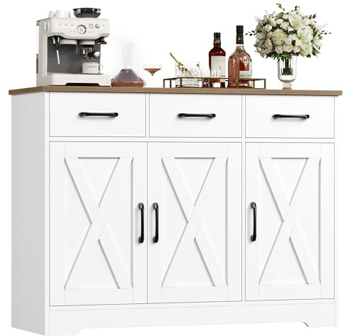 HOCSOK Sideboard, Kitchen Cabinet with 3 Drawers and 3 Doors, Wooden Storage Cupboard Cabinet for Kitchen, Living Room, Dining Room, Hallway, White & Brown