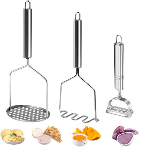 FIHODONE 2 Stück Kartoffelstampfer,1 Stück Kartoffelschäler, Kartoffelstampfer Edelstahl,Potato Masher Schäler Küche,Kartoffelpresse Edelstahl für Kartoffelbrei,Purple Süßkartoffelpüree, Kürbispüree