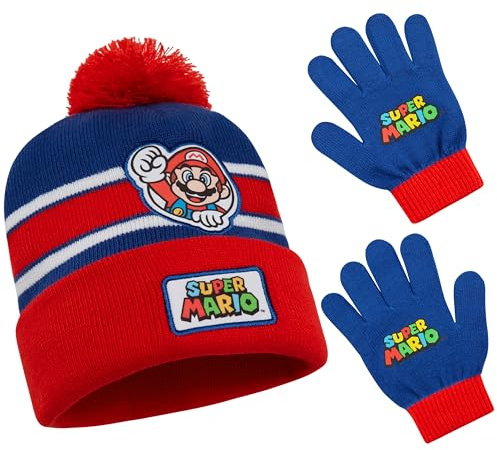 Super Mario Set Invernale Bambino, 2 Pz Berretto e Guanti o 3 Pz Set Guanti Cappello e Sciarpa Bambini, 6-14 Anni, Regalo Ragazzo (6-14 Anni, Rosso/Blu, 2 Pezzi)