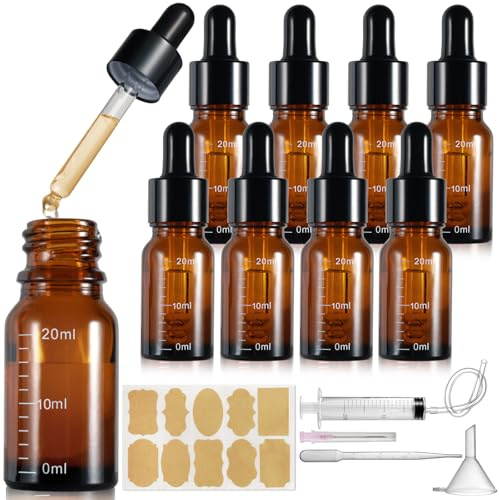 Realure 8-Delars Pipettflaska 20 Ml Med Skala, Liten Bärnstensfärgad Glasdropperflaska, Påfyllningsbar Flaska Med Pipett, För Eteriska Oljor, Parfym Och Flytande Oljor, 5 Extra Tillbehör