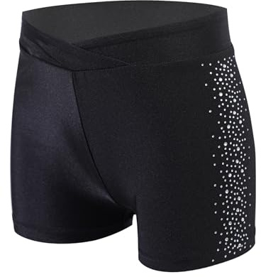 ranrann Enfant Fille Short de Patinage Artistique Gymnastique Danse Short Strass Brillant Sport Fitness Gym Ballet 5-16 Ans A Noir 11-12 Ans