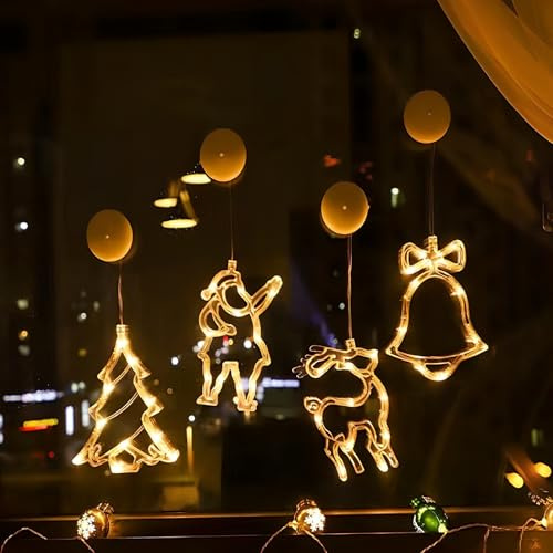 4 Stück Weihnachtsdeko Fensterlichter, 10 LED Lichtervorhang Warmweiß - Weihnachtshirsch Weihnachtsmann Weihnachtsbaum Und Glocke - Lichterkette mit Saugnäpfe für Innen & Außen Weihnachten Party