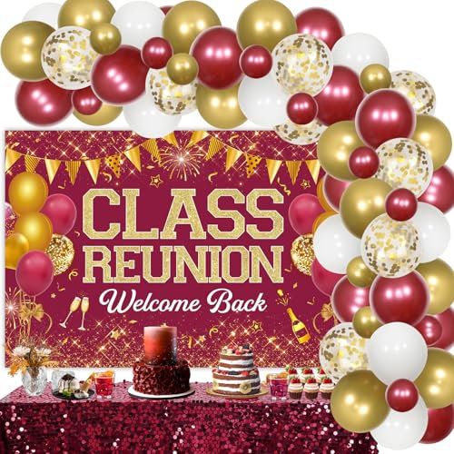 JOYMEMO Klassentreffen Party Dekorationen Burgund und Gold - Ballongirlande Bogen Kit mit Willkommen zurück Klassentreffen Hintergrund, High School Reunion Party Fotografie Hintergrund Zubehör