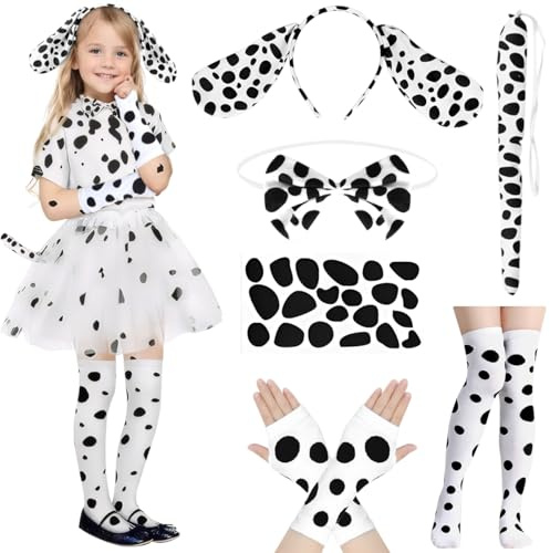 VICTERR Costume Dalmata Bambino, 6 Pezzi Set con Orecchie, Cravatta, Coda, Sticker, Guanti, Calze per Carnevale, Halloween, Cosplay Bambini