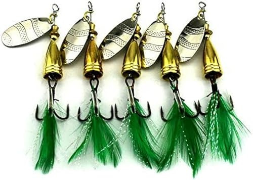 5 pezzi di ami da pesca con piume, coda di gallo, esche da pesca con cucchiaino rotante, esche da pesca in linea per spigole e trote, esche da pesca da 6,8 cm a 9 g, esche rotanti, esche rotanti a la