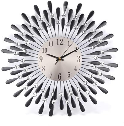 JF HOME BLISS Modern Metal Wall Clock 60cm Sunflower Wall Clock Diamond Spiked Beaded Jeweled Large Wall Clocks for Living Room Modern Black