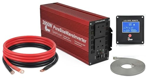 SPARK 3000W Pure Sine Wave Inverter, 6000W Peak 24V DC to 240V AC Solar Power Converter with UK Sockets, Remote Controller,1 USB Port,LCD Remote Control, for Motorhomes, Trucks, Boats, Camping