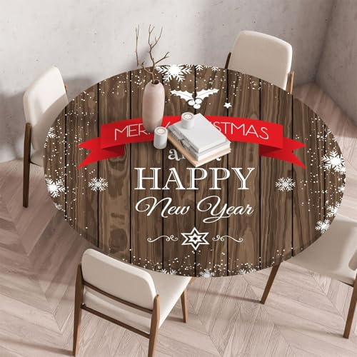 Morbuy Fiocco di Neve Natale Stampa 3D Tovaglia Rotonda Antimacchia Impermeabile con Bordo Elastico, Tovaglia per Tavolo Rotondo con Elastico Copritavolo (Diametro 110cm,Agrifoglio di Natale)