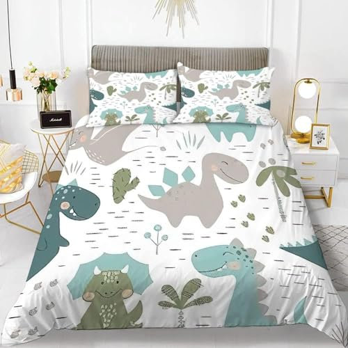 TMMDH Copripiumino Singolo Cartone Animato Completo Letto Singolo Dinosauro Microfibra Morbido e Traspirante Copri piumino 135x200 Bambino con Cerniera e 2 Federe 50x80cm