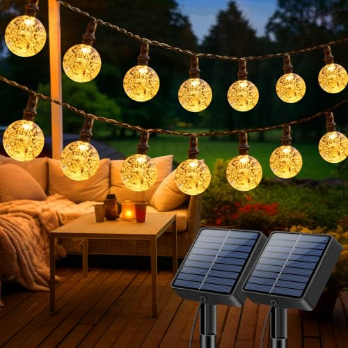 litogo Solar Lichterkette Aussen Warmweiß, 15M 8 Modi LED Lichterketten | Wasserdicht Kristall Kugeln Solarlichterkette mit Memory-Funktion, Outdoor Lichterketten für Balkon, Garten, Partys, 2 Stücke