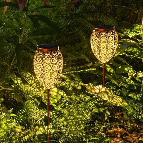 JOYCREATOR Metall Solarlampen für Außen Garten 2 Stück, LED Garten Solarleuchten für Außen IP65 Wetterfest, Blume Gartenleuchten Solar Wegeleuchten für Balkon Terrasse Weihnachten Geschenke (Kupfer)