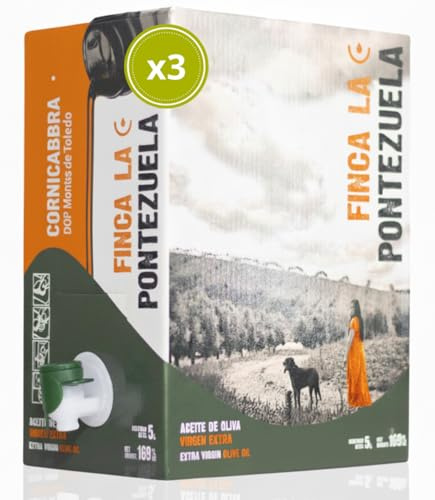 Finca La Pontezuela Bag in Box Aceite de Oliva Virgen Extra 5 Litros Cornicabra - Aceite Intenso de Nueva Campaña 24/25 - AOVE Español 100% Ideal para Uso Diario - DOP Montes de Toledo (Paquete de 3)
