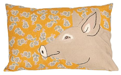 Creative Co-Op Cotton Blend Printed Pillow with Pig Image and Embroidery, Multi Color, Lumbar, Yellow