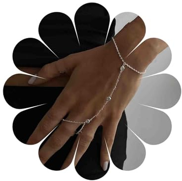 TseenYi Pulsera De Cadena De Mano De Cristal Plata Rhinestone Dedo Anillo Pulsera De Cadena De Mano Arnés Pulsera Minimalista Esclavo Anillo Pulsera Cz Esclavo Fringer Anillo Pulsera De Cadena Cuentas