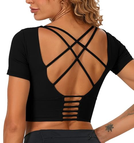 Neteson Tee Shirt Sport Femme Été T-Shirts Tops à Manches Courtes Croisé Crop Top Sport Haut pour Fitness Yoga Gym Running Pilates