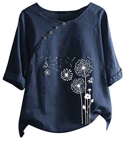 Nuoke Casual Floral o-Cuello Manga t-Short Blusa Tops Estampado Mujer botón Blusa Mujer Camiseta De Camarera
