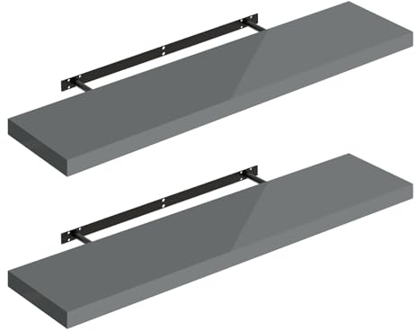 WOLTU Wandregal Regal Schweberegal,Hochglänzend Grau,100x22,9x3,8cm2er | Wandboard 2er mit Metallhalterung, für Küche Badezimmer Wohnzimmer Schlafzimmer, aus MDF, Regale mit der höchsten Träger 10kg