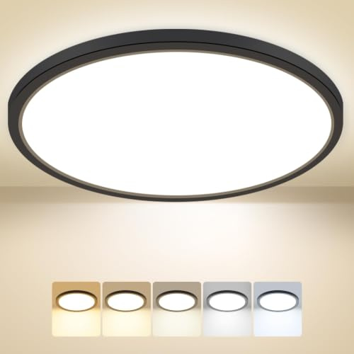 Peasur Deckenlampe LED Deckenleuchte Flach,5Farben-3000/3500/4000/5000/6500K,IP54 Wasserfest Badezimmer Lampe Decke,24W Modern Rund Lampe für bad flur schlafzimmer keller Wohnzimmer,33*1.6cm,,Schwarz