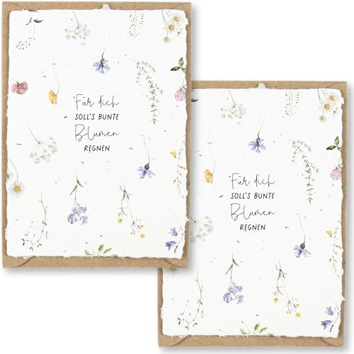 hey little green Geburtstagskarte zum Einpflanzen aus handgemachtem Saatpapier | nachhaltige Glückwunschkarte zum Geburtstag | Wachsendes Papier | mit Briefumschlag (Blumen, 2 Karten)
