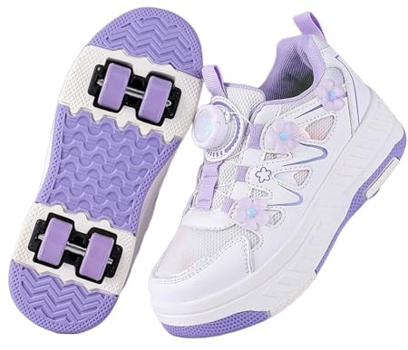 Surwin Mode Roller Adolescents/Enfant, Chaussures Enfant avec roulettes, Chaussures à roulettes Retractable Détachable, Chaussure Roller Fille/Garçon, Basket Roller Style Floral (Violet,30)