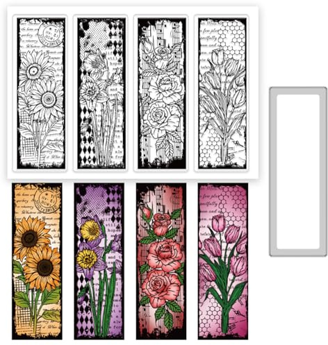 INFUNLY Vintage Bookmark Clear Stamps and Dies for Card Making Sunflower Rose Stamps and Die Cuts Flower Words Silicone Stamp Rectangular Embossing Template for DIY Scrapbooking Album Journal Decor