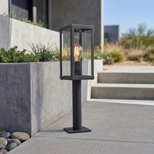 Vägbelysning vintage svart aluminium trälook E27 IP44 H: 50 cm liten utomhuslampa mark trädgårds belysning väg stigbelysning utvändig sockellampa