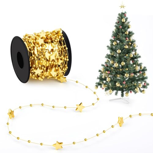 Chuangdi Perlenkette Weihnachtsbaum 15m Stern Perlenschnur Perlengirlande Dekoration Weihnachtsbaumschmuck Kunststoff Perle Christbaumschmuck PerlenbandZubehör für DIY(Gold)