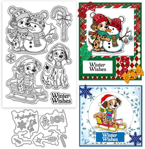 GLOBLELAND Winter Weihnachts Cartoon Hund Silikonstempel und Stanzformen Set Für Kartenherstellung Lustige Tiere Klare Stempel Und Stanzformen Set Für DIY Craft Scrapbooking Grußkartendekoration