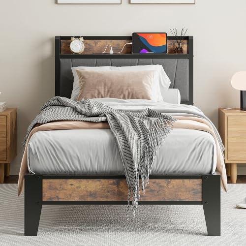 IRONCK Single Bed Frame with Storage Shelf Upholstered Headboard, Platform Bed Frame with Charging Station, Metal Bed Frame/UnderBed Storage, Enhanced Support Noise Free, Vintage Brown+Grey