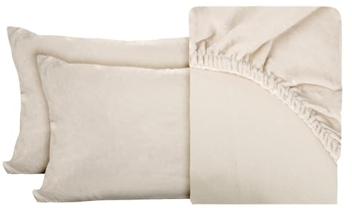 BESCH Sábanas Bajeras Térmica Terciopelo de Cristal Ajustable de 3 Piezas 150x200+25cm + 2 Fundas Almohada de 50x90cm - Bajera Pólar Felpa, Súper Suave y Acogedora (Marfil, Cama 150)