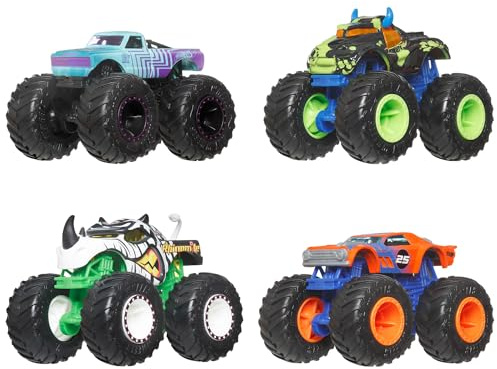 Hot Wheels Monster Trucks Half Hazards Pack de 4 Coches | Monster Trucks escala 1:64, ruedas gigantes y diseños llamativos, JJT67